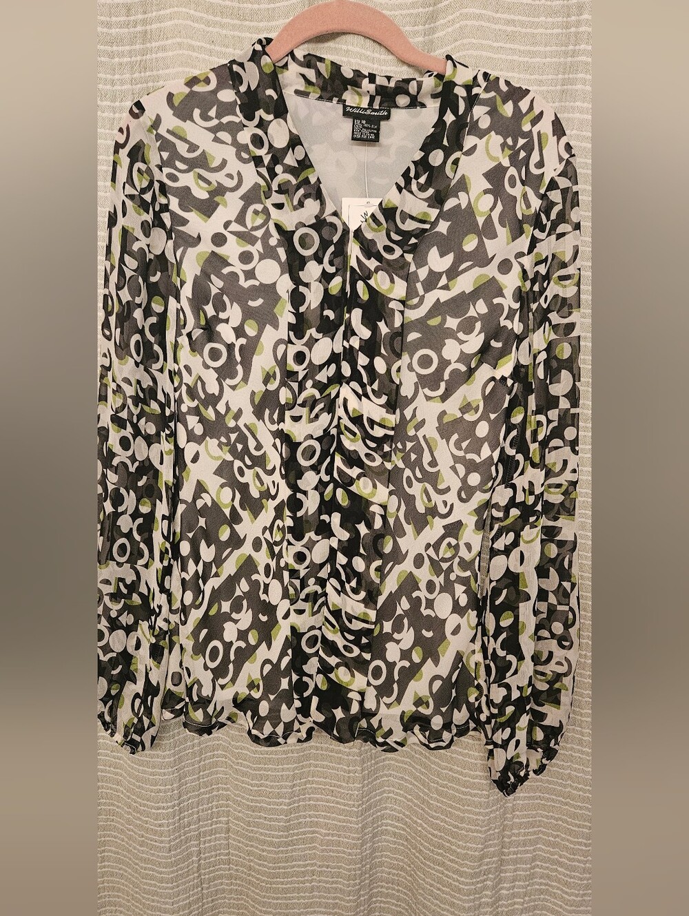NWT Vintage Willi Smith 100% Silk Black, White & Olive Sheer Printed Blouse